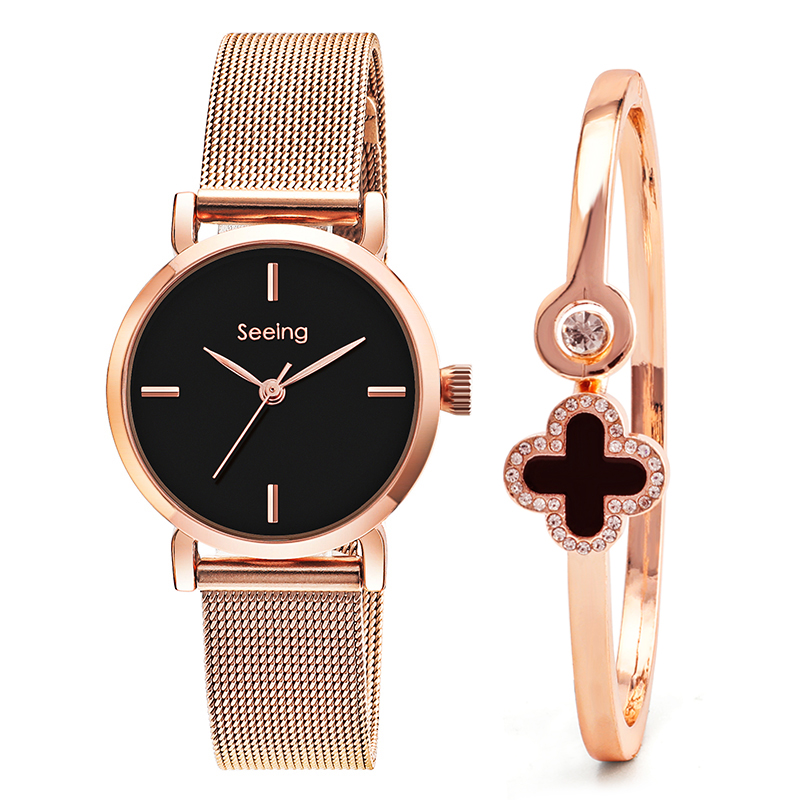 .8New fashion simple branded IP rose gold women dress watch gift set stainless steel meshing with bracelet for lady 121.